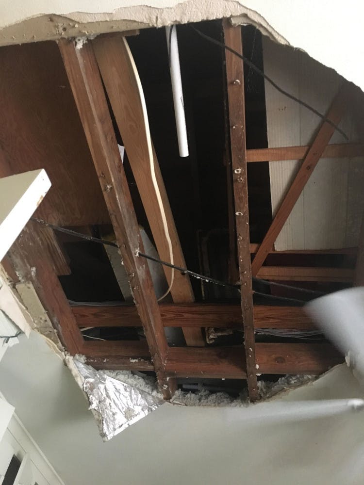 The ceiling in a bedroom at College Park Apartments collapsed Wednesday. As of Saturday, nothing had been done.