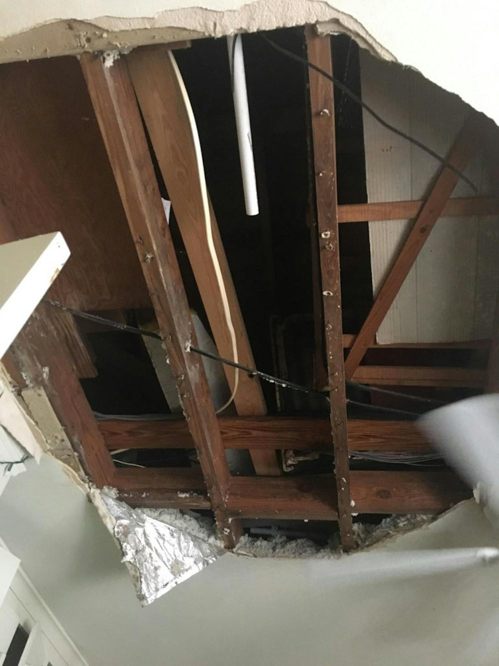 <p><span id="docs-internal-guid-d05f17a5-ea54-556f-579c-222c2f71f43f">The ceiling in a bedroom at College Park Apartments collapsed Wednesday. As of Saturday, nothing had been done.</span></p>