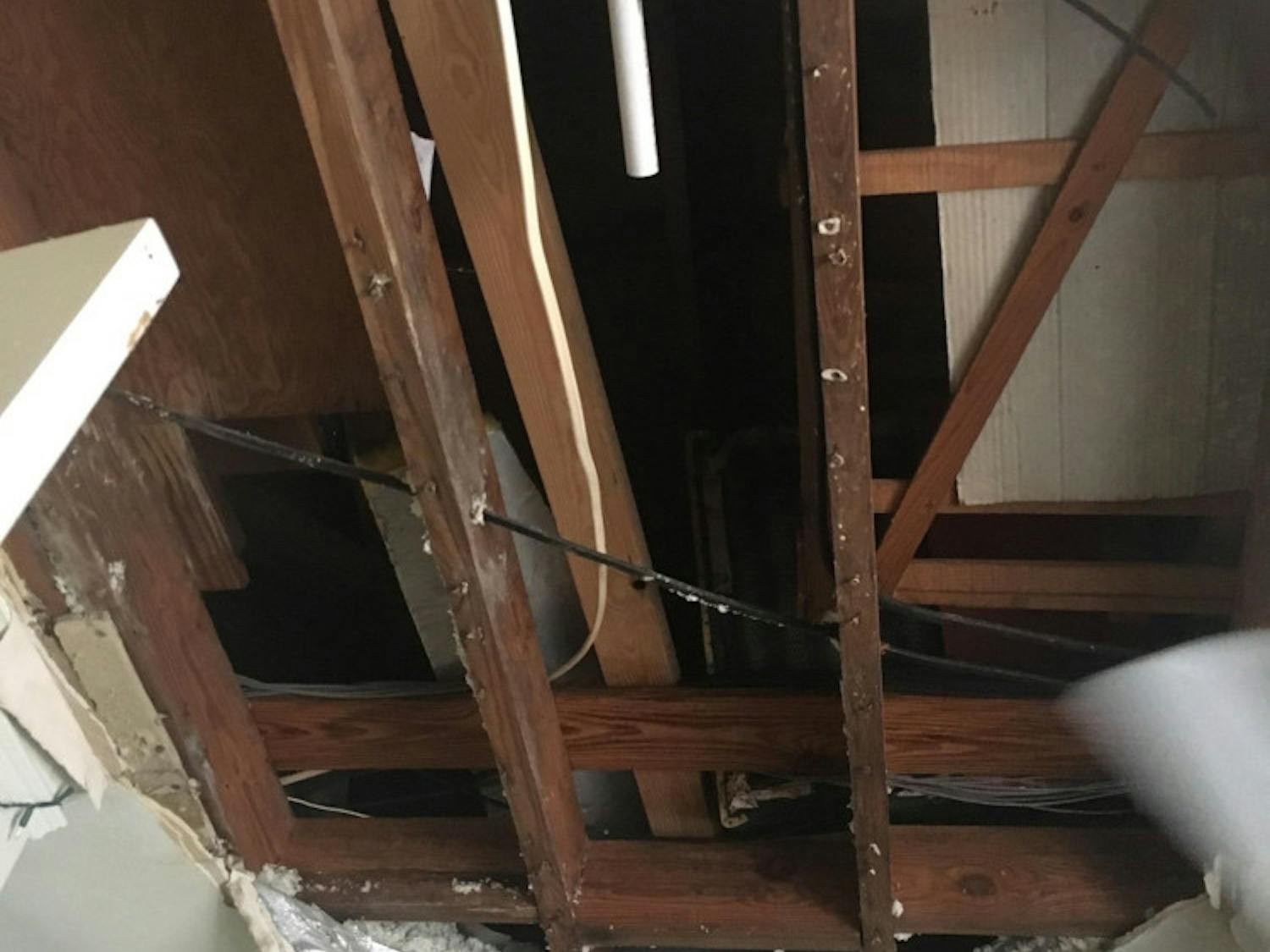 The ceiling in a bedroom at College Park Apartments collapsed Wednesday. As of Saturday, nothing had been done.