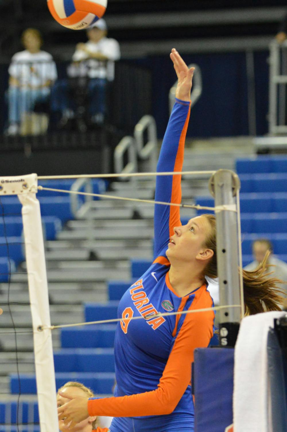 <p>Outside hitter Ziva Recek swings at the ball during Florida's 3-0 win against Georgia Southern in the O'Connell Center.</p>