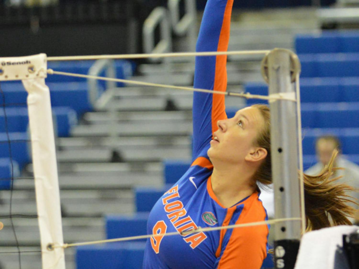 Outside hitter Ziva Recek swings at the ball during Florida's 3-0 win against Georgia Southern in the O'Connell Center.