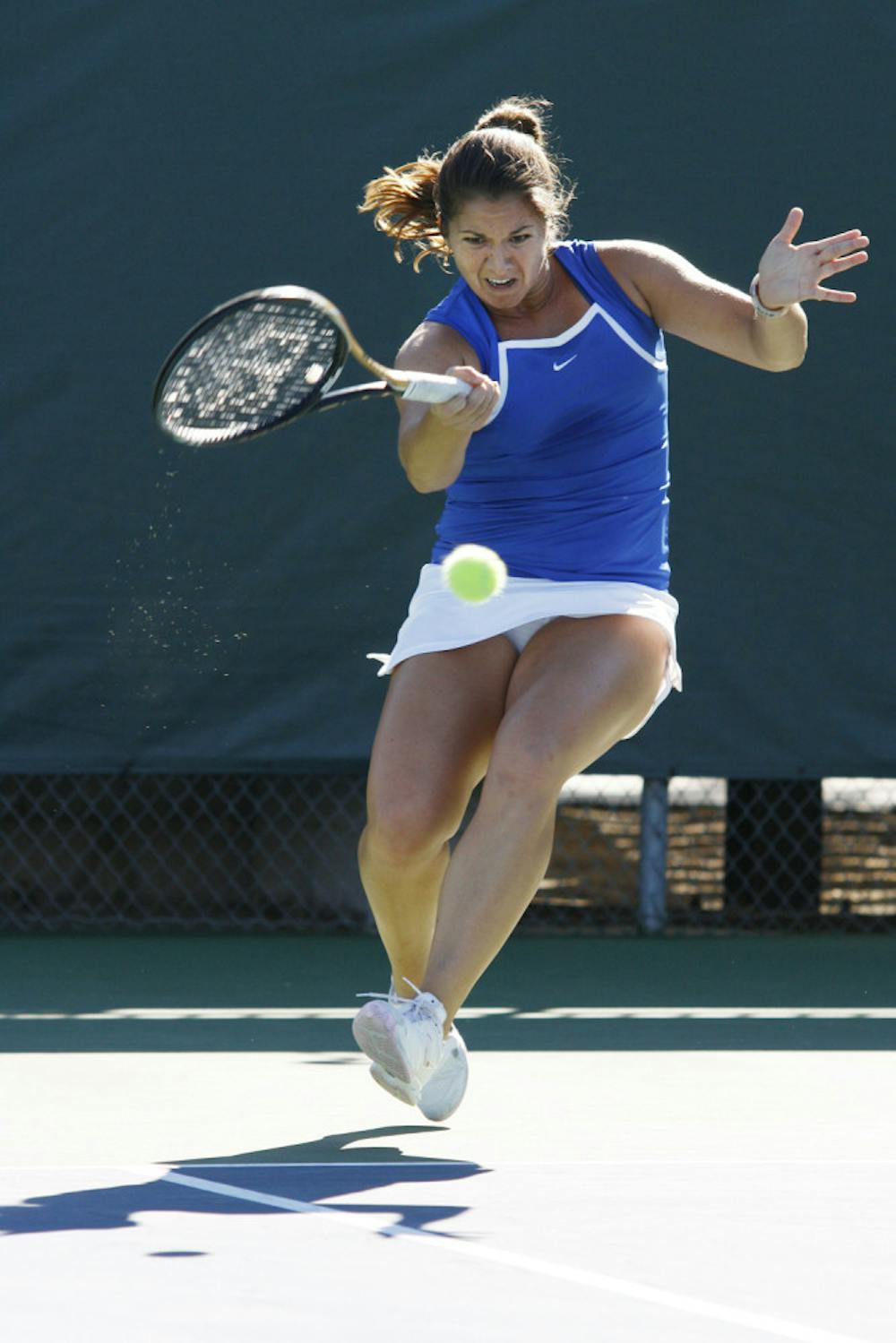 <p align="justify">Alexandra Cercone swings during Florida’s 7-0 victory against Baylor on Feb. 2, 2013, at the Ring Tennis Complex.</p>