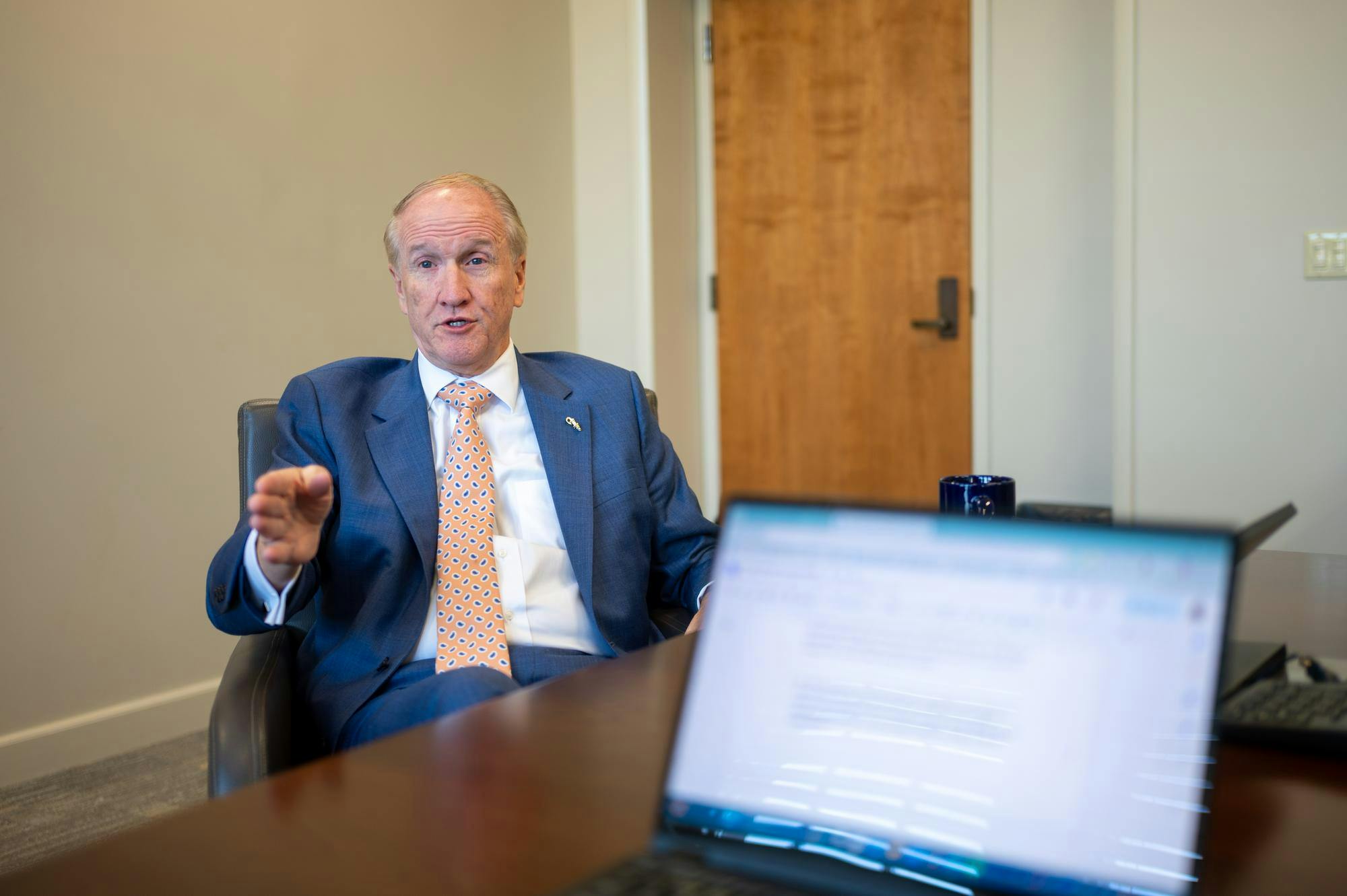 UF President Dr. Stuart Bell speaks during an interview in the Presidential Conference Room at Tigert Hall, Thursday, Aug. 14, 2026, in Gainesville, Fla.