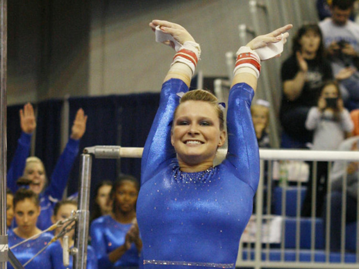 Freshman Bridget Sloan sticks a landing during Florida’s 196.575-190.55 win against Ball State on Jan. 4 in the O’Connell Center.