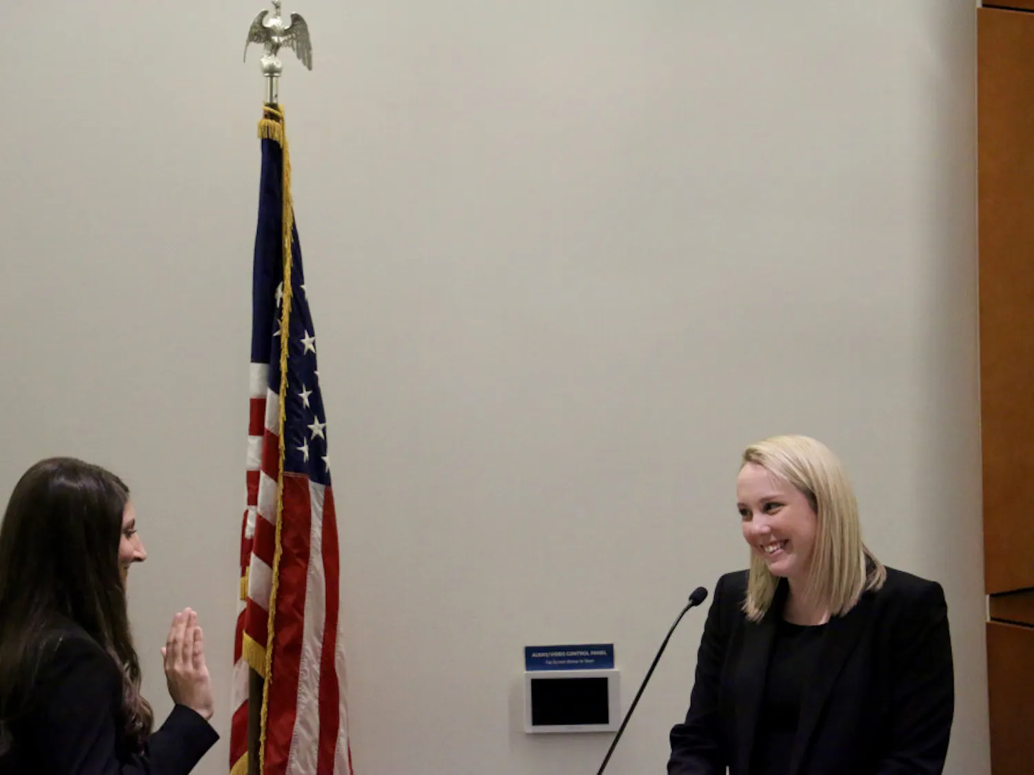 New UF Student Senate President Danielle Grosse stands before the senators as she is sworn in on Tuesday evening in the Reitz Union Chamber Room. "There will always be more that we can accomplish as student senators, and I am excited to get to work with you all to achieve these things," Grosse said.