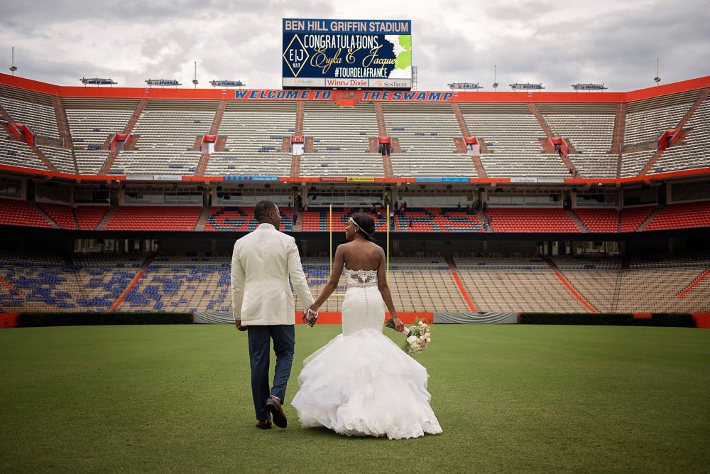 Eryka and Jacques LaFrance held their wedding ceremony in the Ben Hill Griffin Stadium on Sept. 2, 2017. Eryka LaFrance grew up in Gainesville and wanted to get married in a place close to her heart and childhood. 
