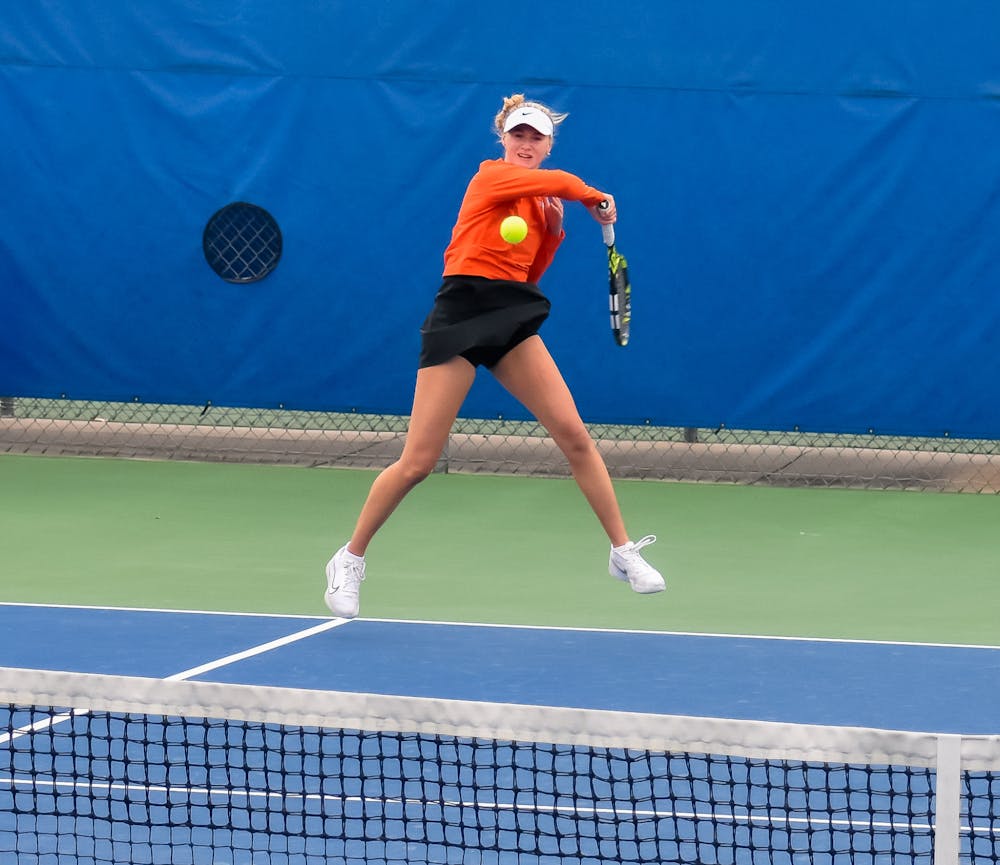 <p>UF Women&#x27;s Tennis player Talia Neilson-Gatenby returns the ball during the Florida Invitational on Jan. 11, 2025. (Credit: Kade Sowers)</p>