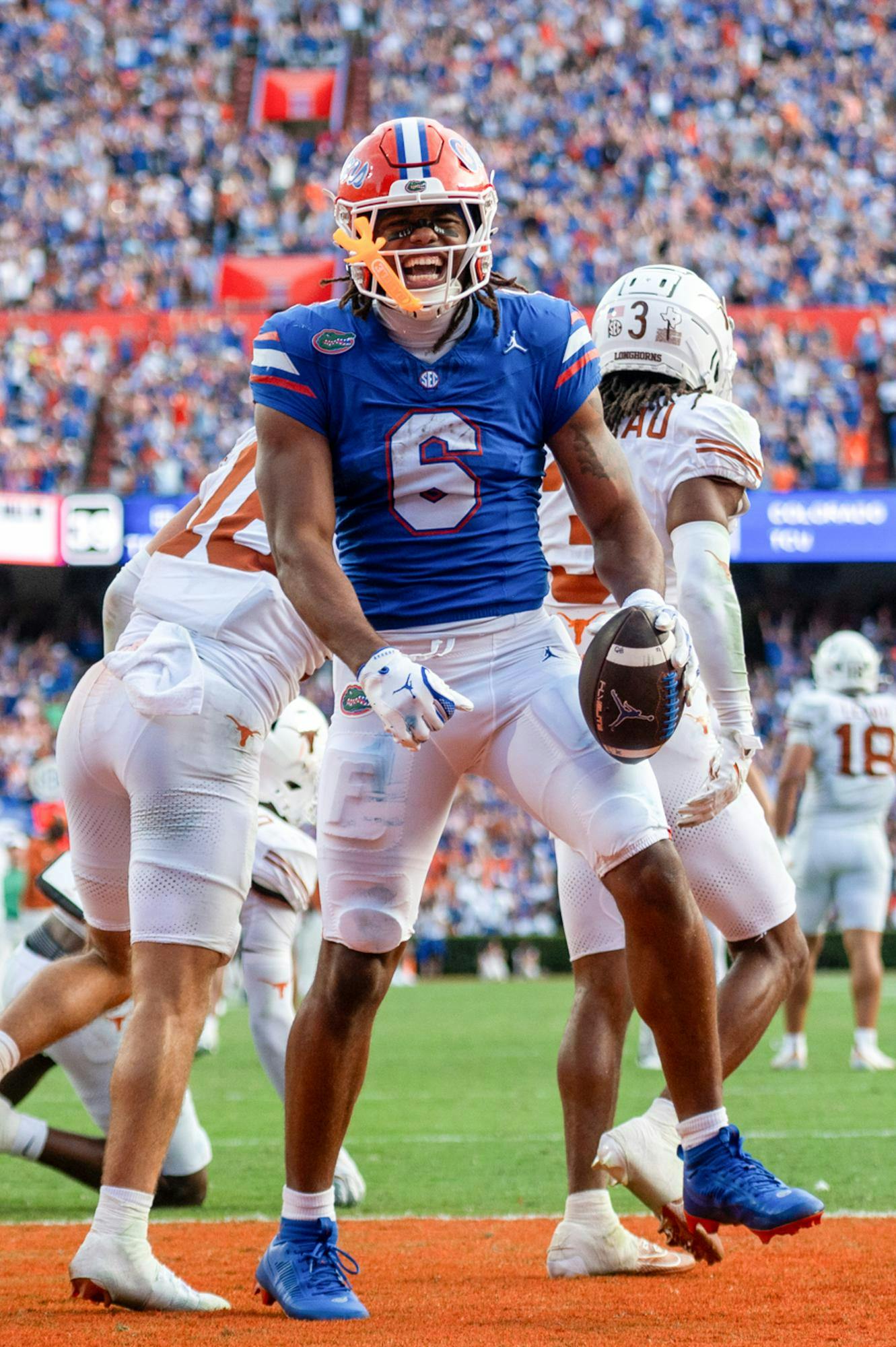 Florida Gators wide receiver Dallas Wilson (6) celebrates after scoring a touchdown against the Texas Longhorns at Ben Hill Griffin Stadium on Oct. 4, 2025 in Gainesville, Fla.