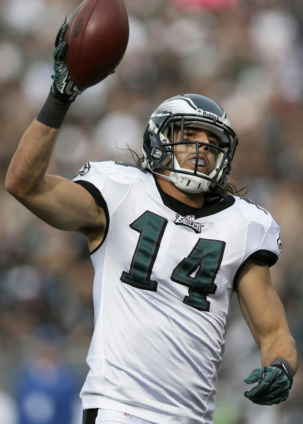 <p>Riley Cooper celebrates after catching a 63-yard touchdown pass during the Philadelphia Eagles’ 49-20 victory against the Oakland Raiders on Nov. 3.</p>