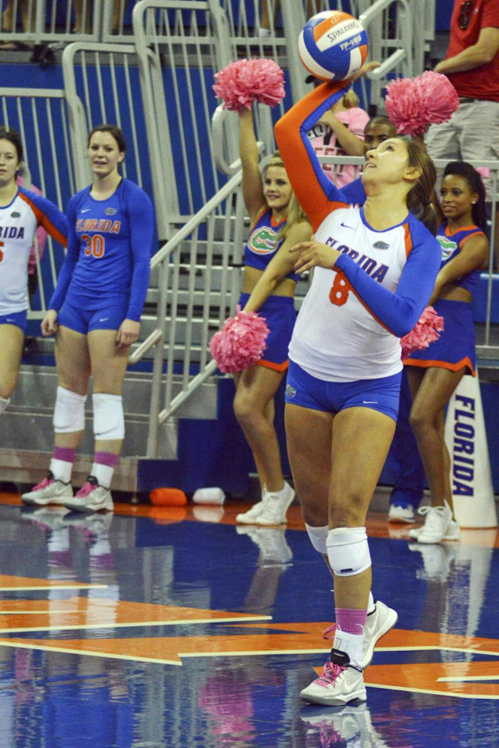 <p>Sam Dubiel serves the ball during Florida's 3-0 win against Texas A&amp;M on Saturday in the O'Connell Center.</p>