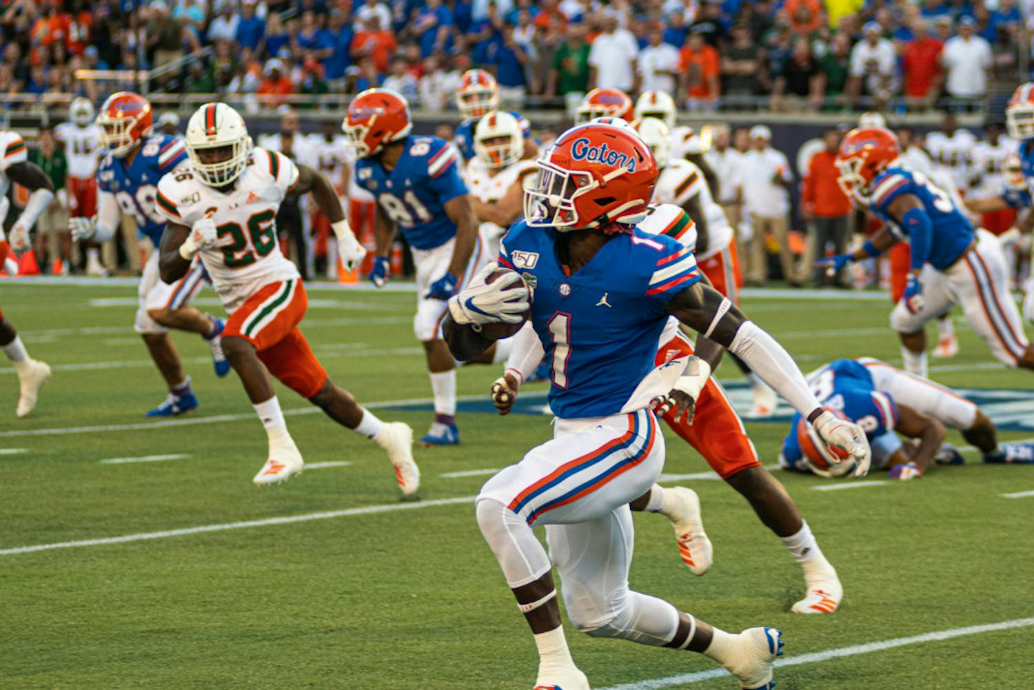 Receiver Kadarius Toney, pictured against Miami in 2019, was drafted 20th overall in the NFL Draft Thursday night and is now a member of the New York Giants.