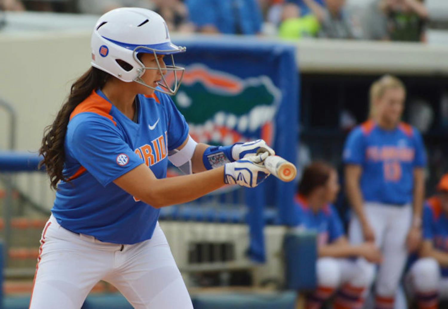 Kathlyn Medina shows bunt during Florida’s 7-6 win against Auburn on Saturday at Katie Seashole Pressly Stadium. Medina rejoined the lineup against Auburn after sitting out 15 games.