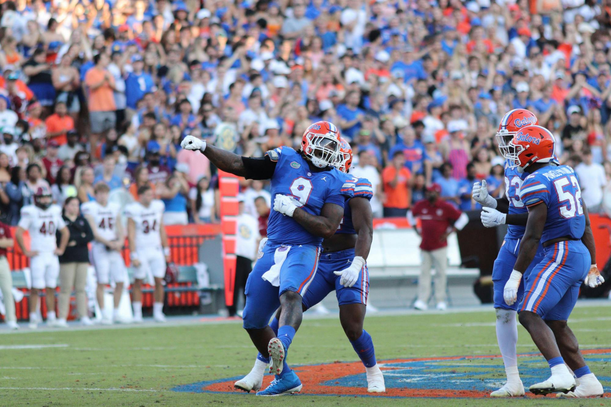Junior defensive lineman Gervon Dexter Sr. celebrates a defensive stop in the first half against South Carolina Saturday, Nov. 12, 2022.