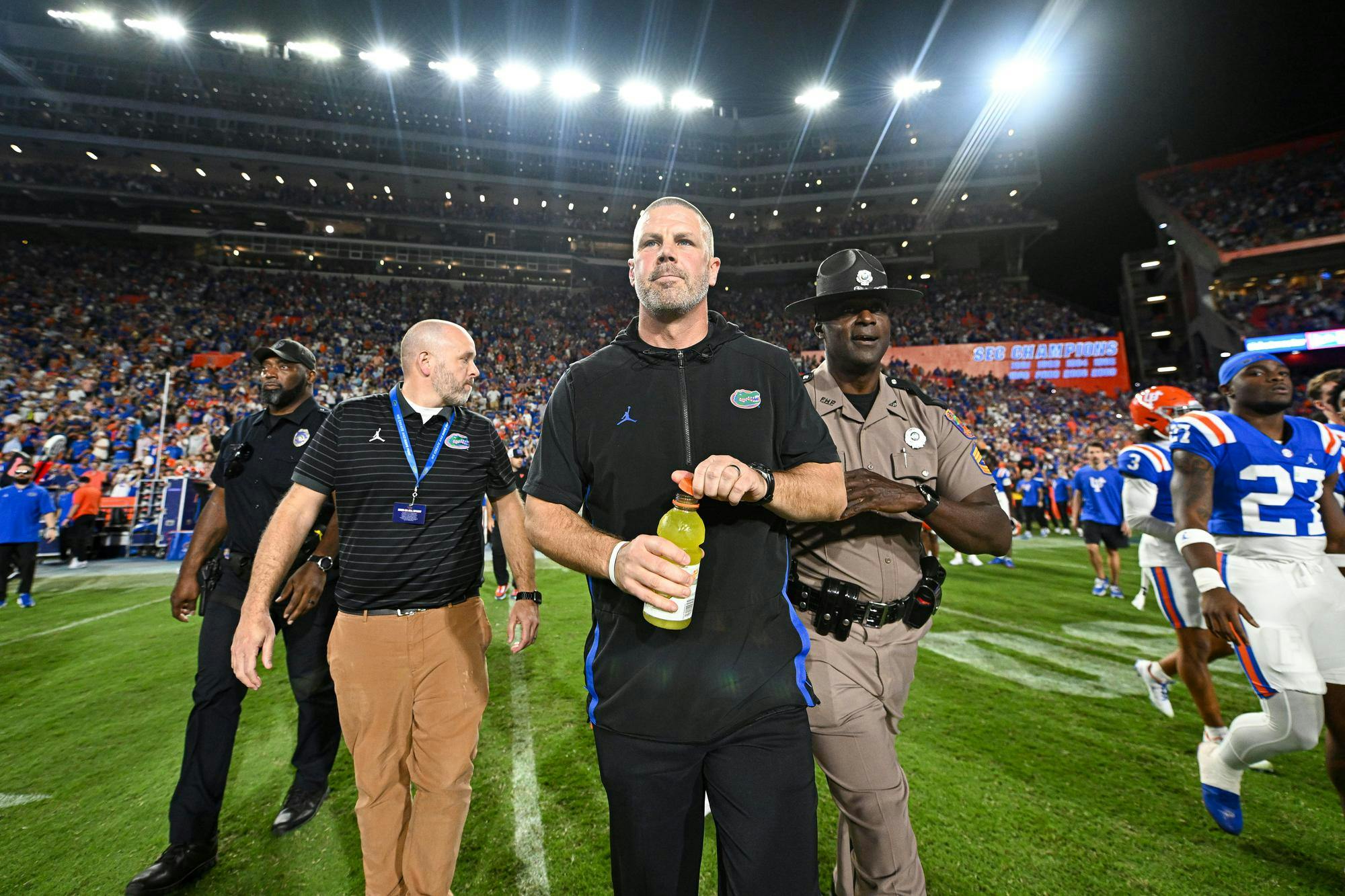 Florida Gators head coach Billy Napier walks to midfield after a NCAA college football game, Saturday, Oct. 18, 2025, in Gainesville, Fla.