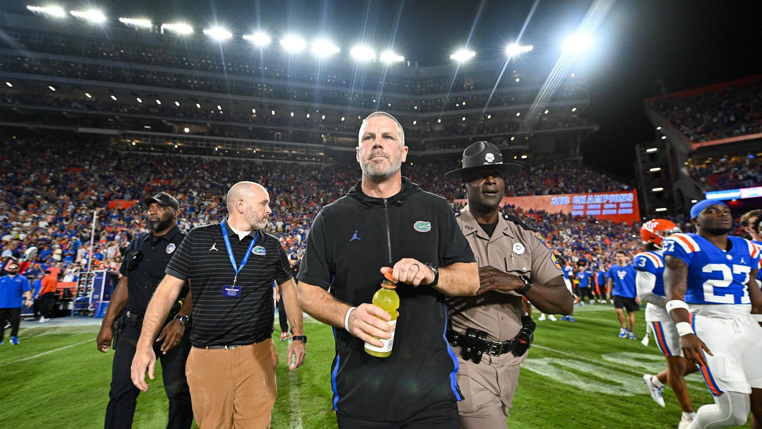 Florida Gators head coach Billy Napier walks to midfield after a NCAA college football game, Saturday, Oct. 18, 2025, in Gainesville, Fla.