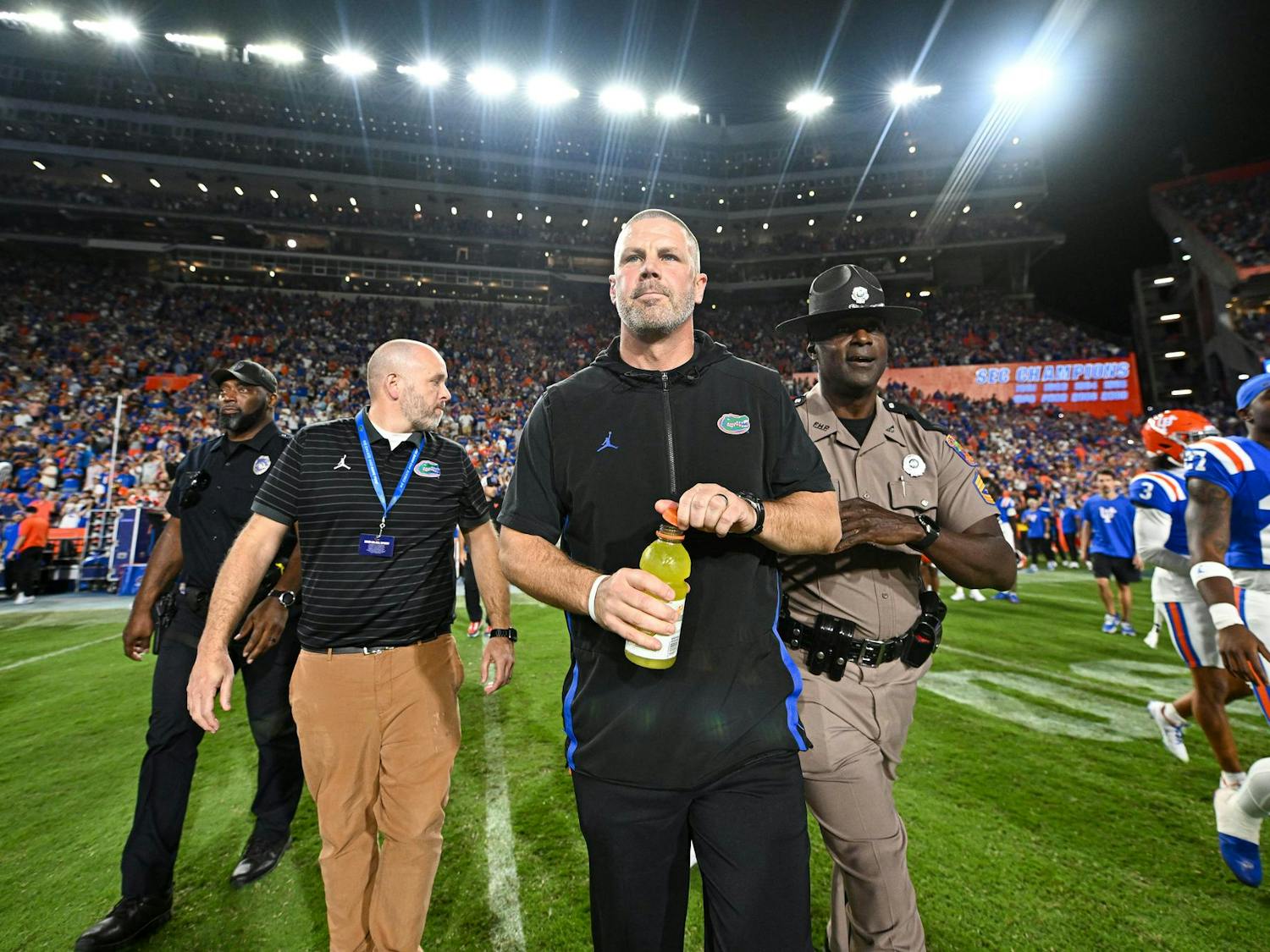 Florida Gators head coach Billy Napier walks to midfield after a NCAA college football game, Saturday, Oct. 18, 2025, in Gainesville, Fla.