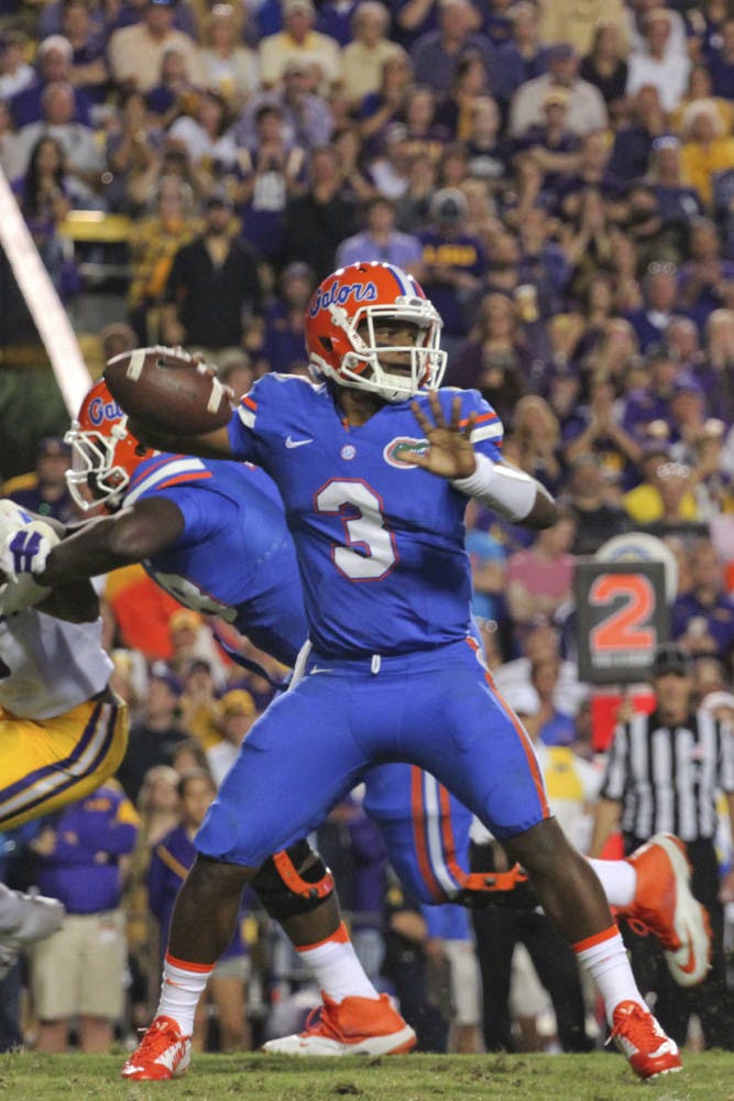 UF quarterback Treon Harris attempts a pass on Oct. 17, 2015, against LSU.