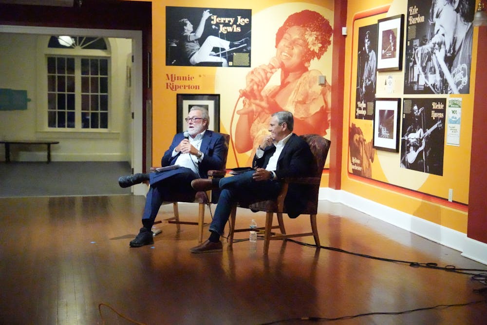 <p>Authors David Powell and Mario Cartaya (left to right), interviewed each other at the Matheson History Museum about their individual books on Cuban exile experiences Wednesday, Sept. 20, 2023.</p>