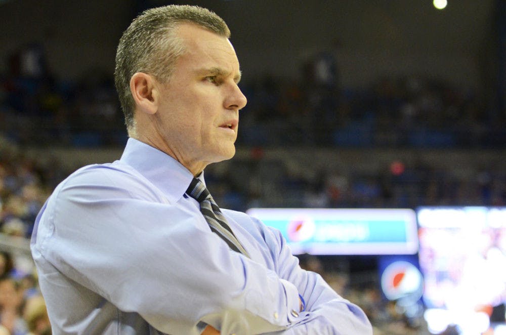 <p>Billy Donovan looks down the court during Florida's 72-47 win against Mississippi State on Jan. 10 in the O'Connell Center. Florida dropped its first SEC home game when on Tuesday, losing 79-61 to LSU.</p>