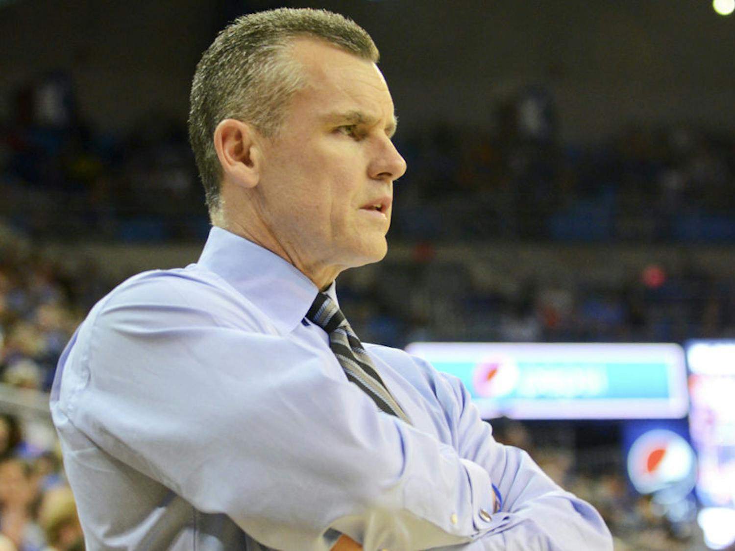 Billy Donovan looks down the court during Florida's 72-47 win against Mississippi State on Jan. 10 in the O'Connell Center. Florida dropped its first SEC home game when on Tuesday, losing 79-61 to LSU.
