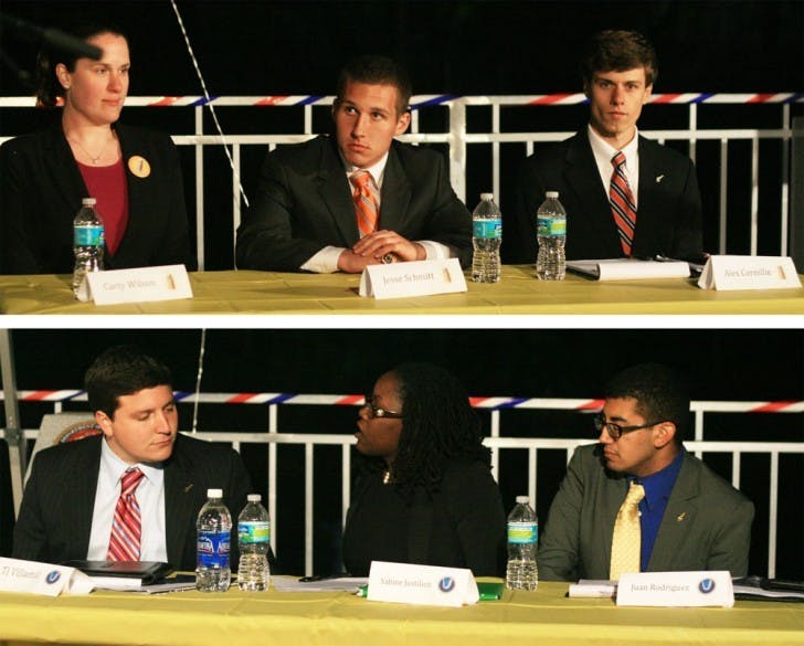 Students Party executive candidates Carly Wilson, Jesse Schmitt and Alex Cornillie, top, and Unite Party executive candidates Tj Villamil, Sabine Justilien and Juan Rodriguez, bottom, at the Student Government debate at the Reitz Union Amphitheater on Monday night.
