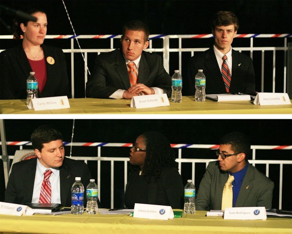 <p>Students Party executive candidates Carly Wilson, Jesse Schmitt and Alex Cornillie, top, and Unite Party executive candidates Tj Villamil, Sabine Justilien and Juan Rodriguez, bottom, at the Student Government debate at the Reitz Union Amphitheater on Monday night.</p>