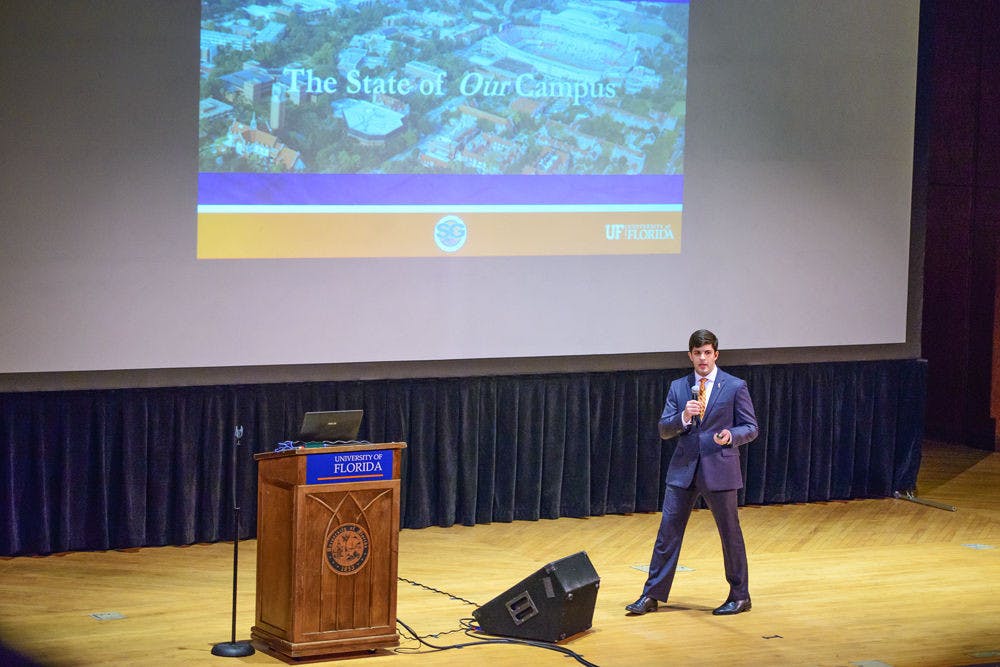 <p class="p1">UF Student Body President Cory Yeffet delivers the State of Campus Address on Tuesday night in the University Auditorium.</p>