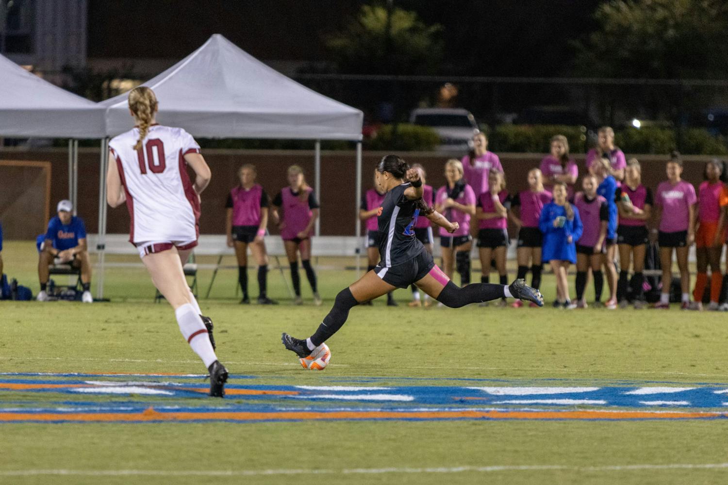 A Florida player kicks the ball down the field in the Gators&#x27; 0-0 draw with South Carolina October 26, 2023.﻿
