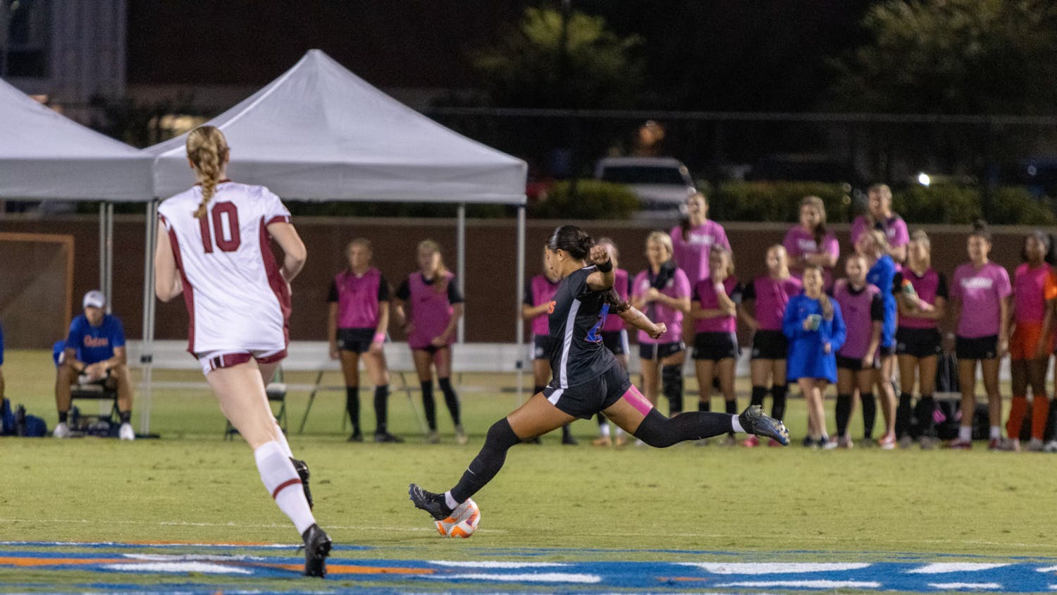 A Florida player kicks the ball down the field in the Gators&#x27; 0-0 draw with South Carolina October 26, 2023.﻿