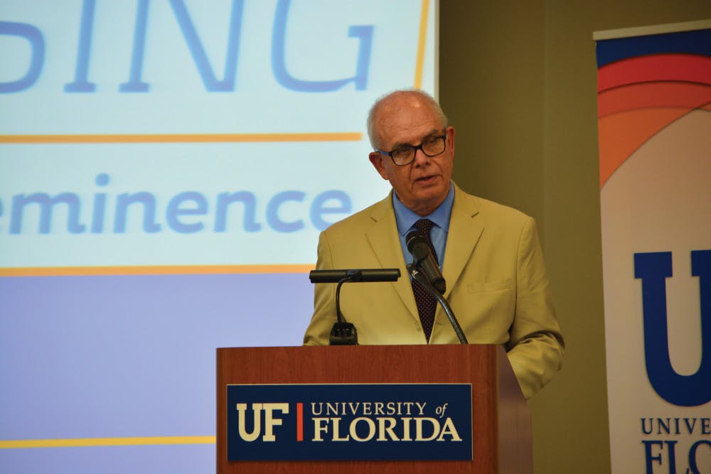 UF President Bernie Machen addresses a crowd about UF’s preeminence initiative at his annual State of the University address. This was his last address after a decade-long tenure as president before the university finds a replacement.
