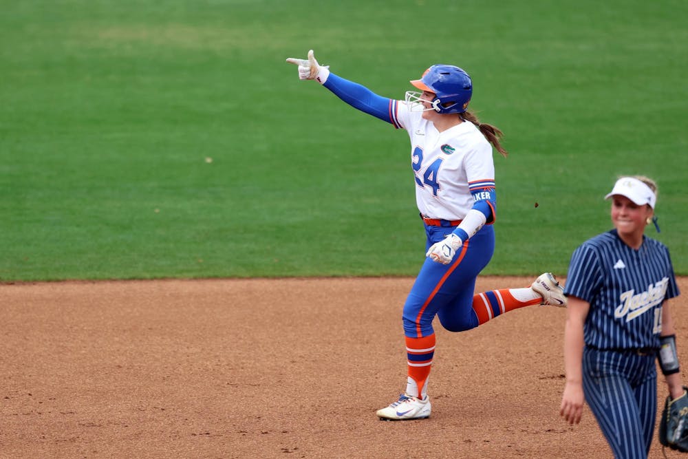 Florida infielder Madison Walker (24) celebrates after hitting her first career home run during a game against Georgia Tech at Katie Seashole Pressly Stadium in Gainesville, Fla., on Friday, Feb. 13, 2026. (Alyvia Logan/The Alligator)
