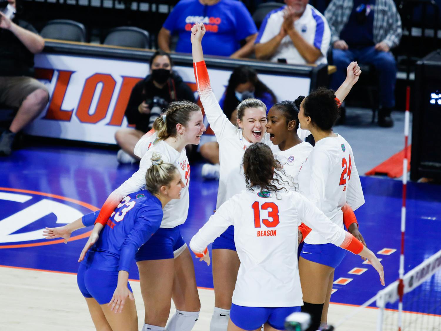 Florida&#x27;s volleyball team celebrates during a match against Texas A&amp;M on Oct. 16, 2021. The Gators kicked off their 2022 season with a four-set win over North Florida Friday night. 