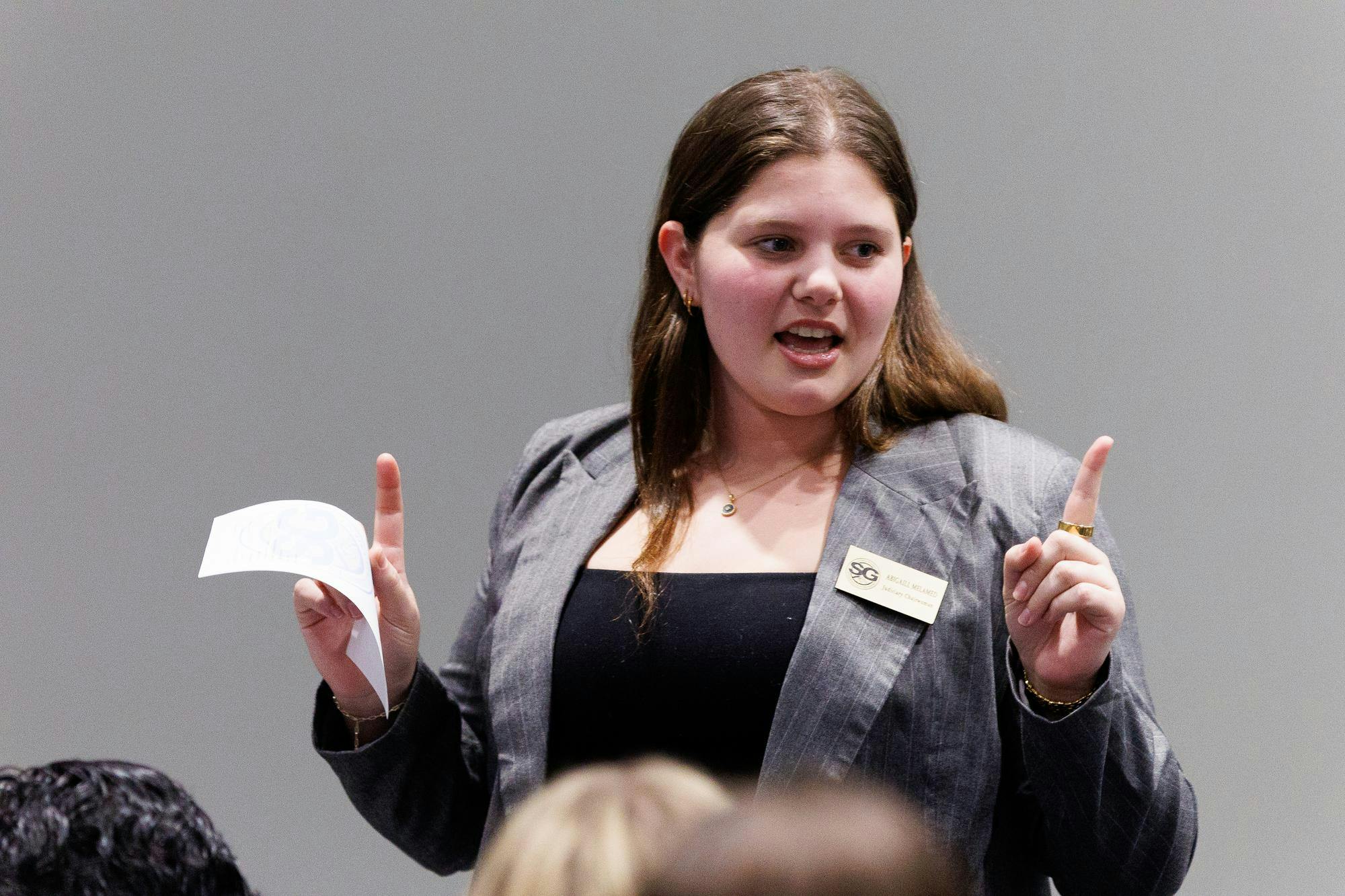 University of Florida student government Judicary chairwoman Abigail Melamed speaks during a student senate meeting, Tuesday, Feb. 4, 2026, in Gainesville, Fla.