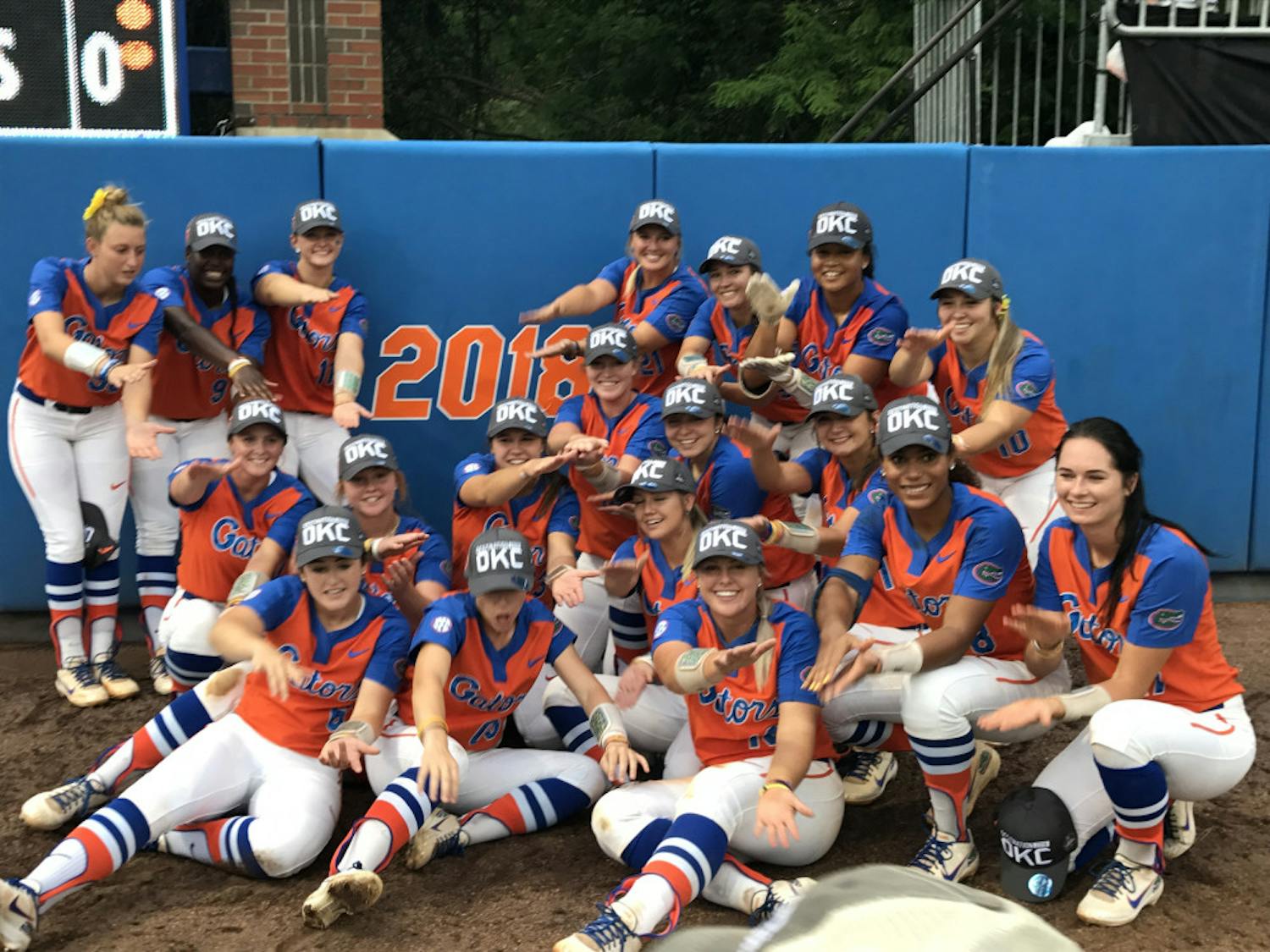 The entire Florida team celebrates after punching its ticket to the Women’s College World Series for the second-consecutive season. The Gators also won the SEC regular-season and tournament titles.