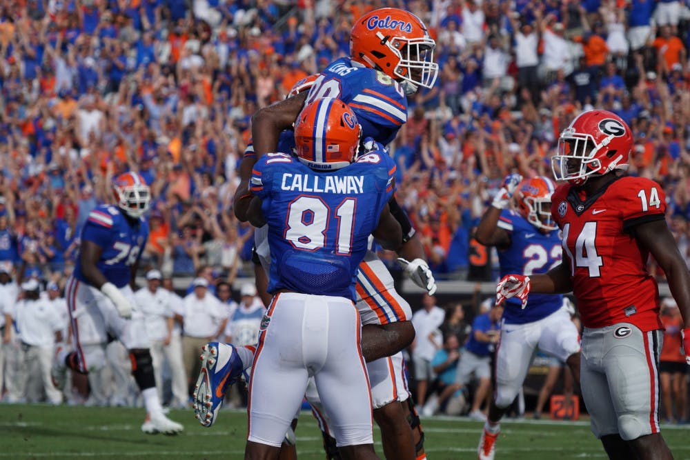 <p><span id="docs-internal-guid-9f4beda0-7863-52d3-5027-b1a830901760"><span>Antonio Callaway celebrates with C'yontai Lewis during UF's 24-10 win over Georgia on Oct. 29 at EverBank Field.</span></span></p>