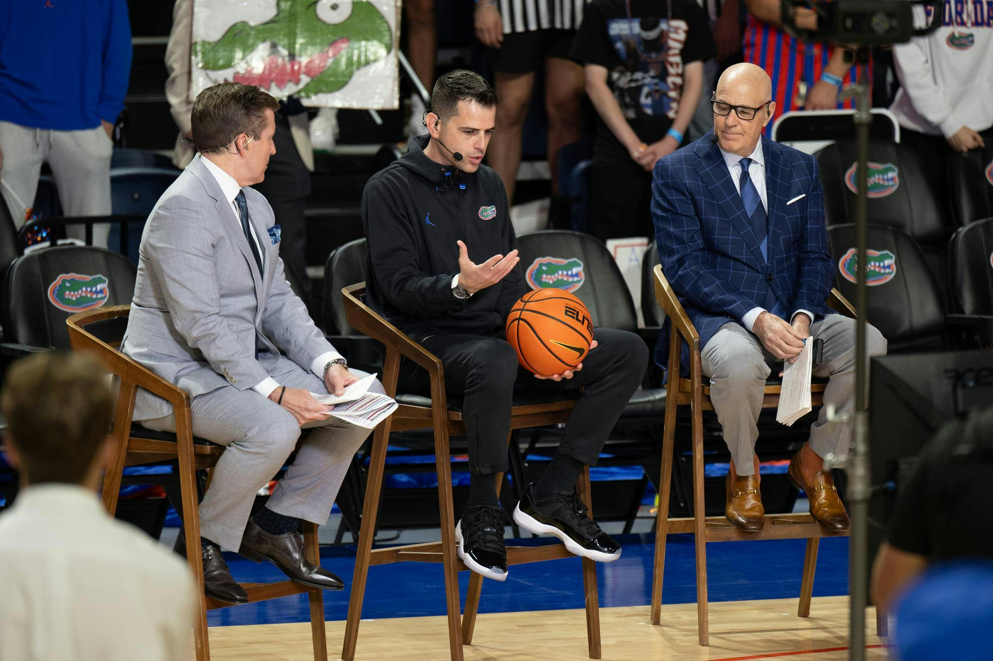 Florida Gators Head Coach Todd Golden joins ESPN College GameDay hosts Rece Davis and Seth Greenberg on the floor of the Steven O’Connell Center during the show on Saturday, Mar. 1, 2025, in Gainesville, Fla.