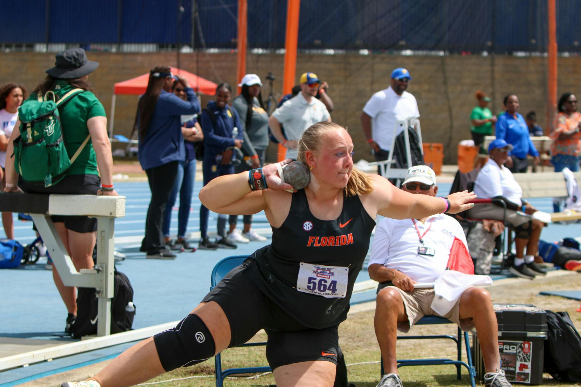 Florida senior Thea Jensen participates in the shot put at the Tom Jones Memorial Friday, April 14, 2023.