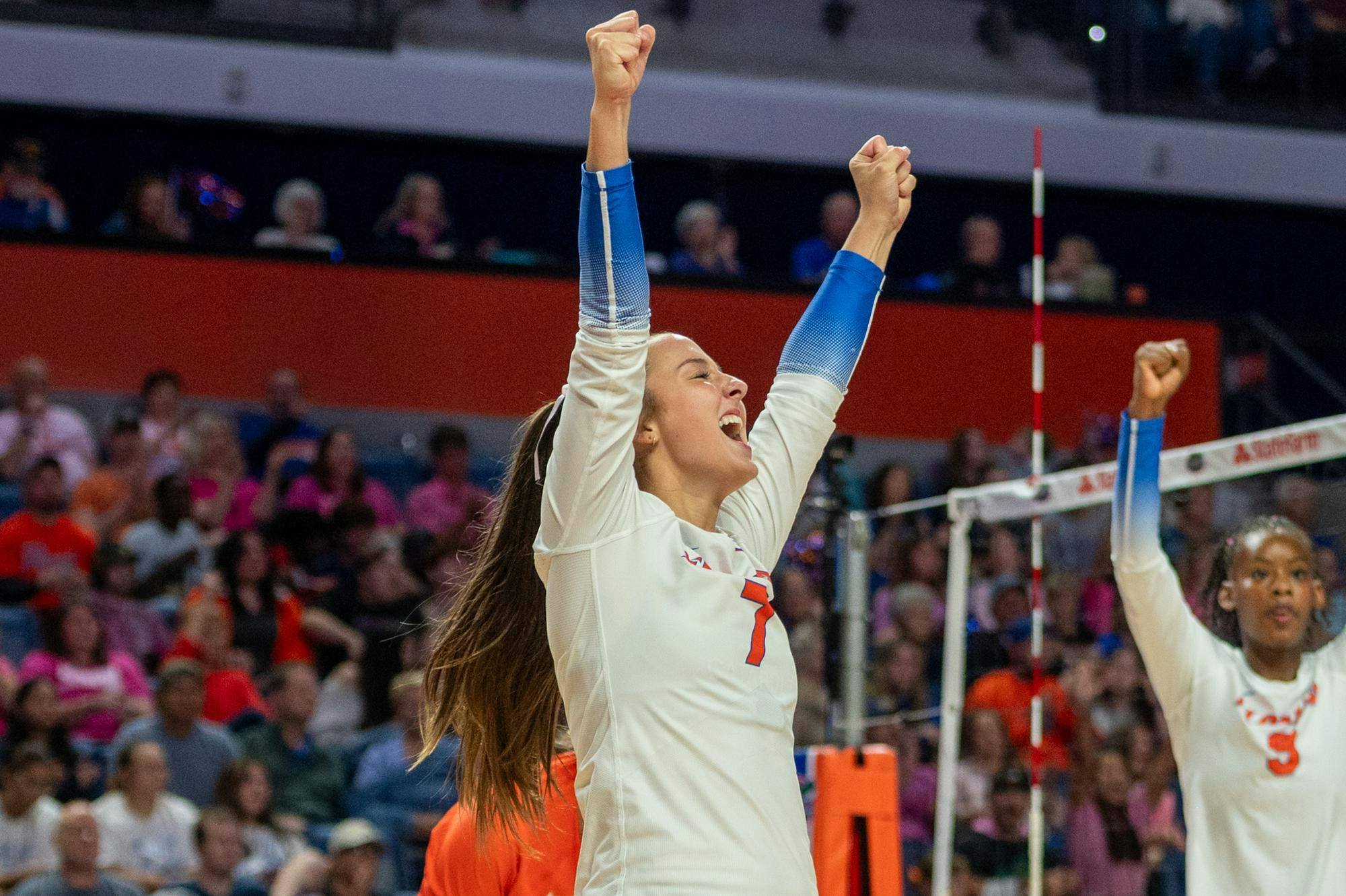 Florida Gators defensive specialist Emily Caanan (7) celebrates with her teammates after winning a point in a match against the Missouri Tigers in the O’Connell Center in Gainesville, Fla., on Oct. 10, 2025.