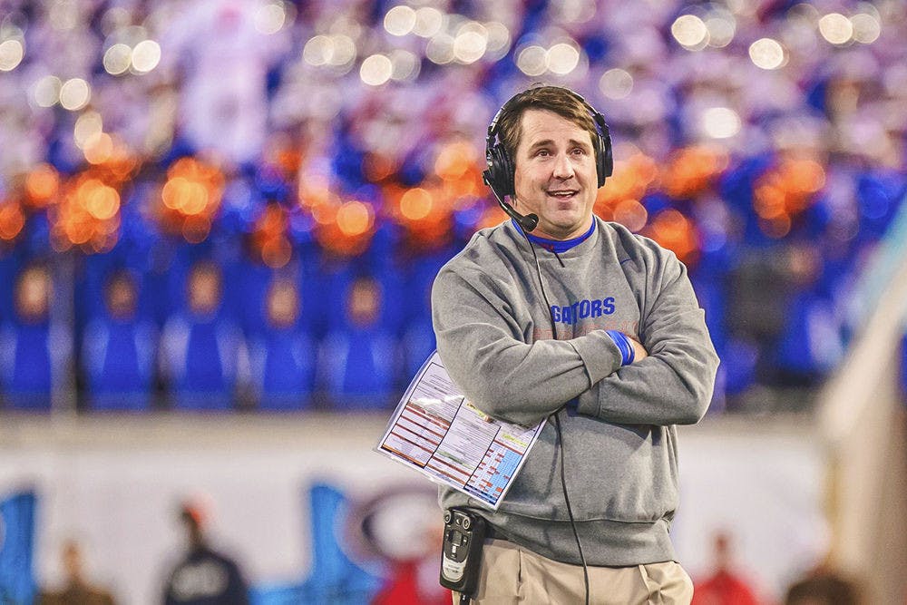 <p>Will Muschamp smiles during Florida's win against Georgia on Nov. 1 at EverBank Field in Jacksonville.</p>