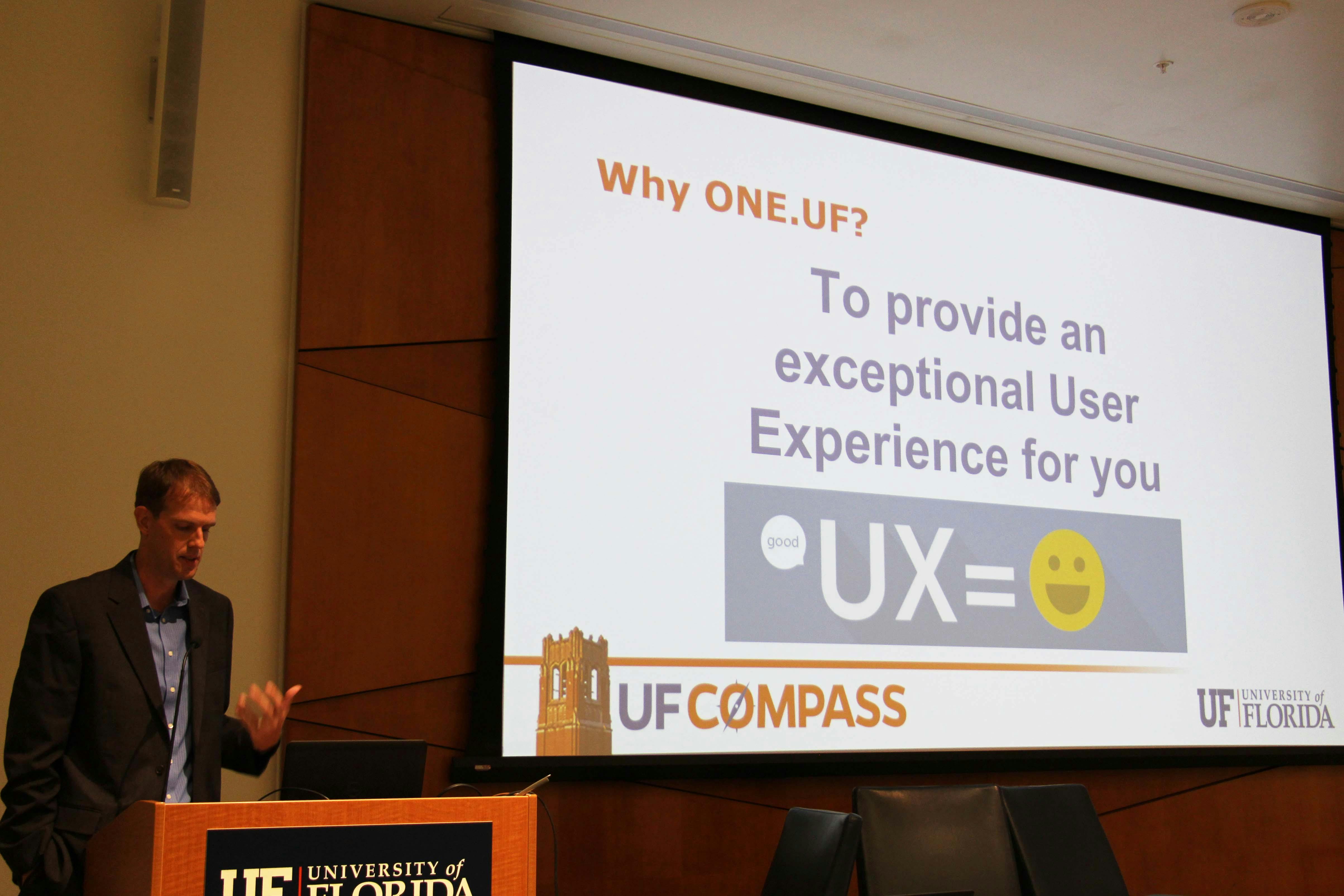 Jacob Prater, a UF Information Technology Application Developer Analyst, giving a presentation on ONE.UF.