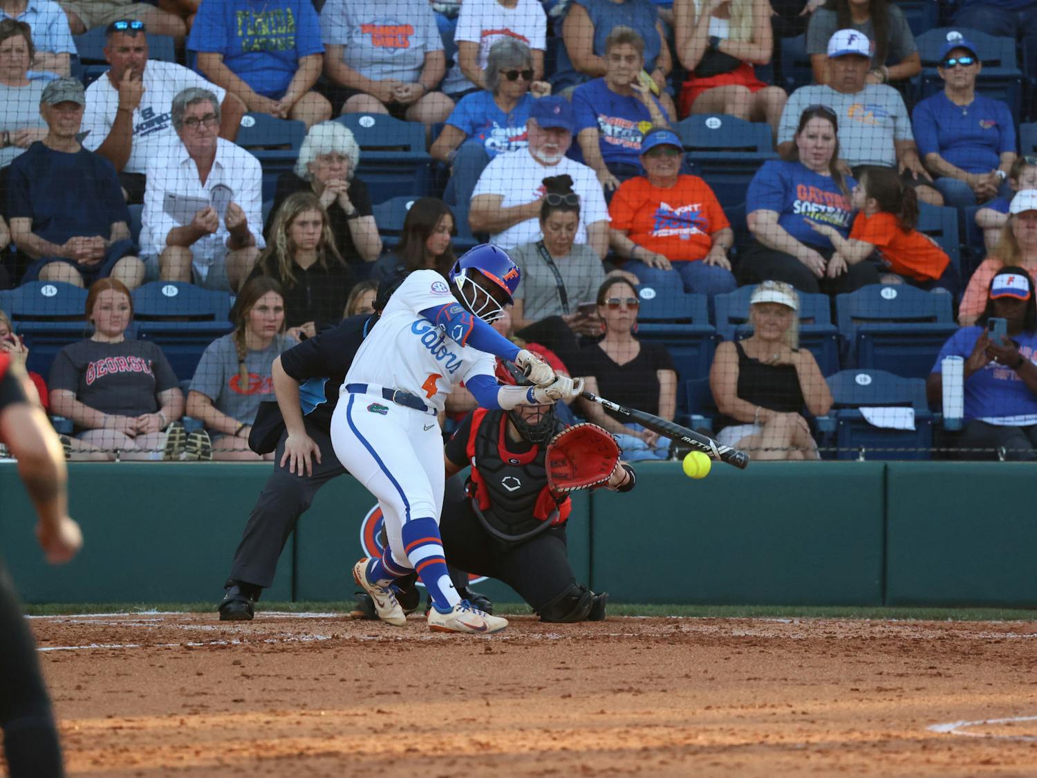 Florida third baseman Charla Echols swings her bat during the Gators' game against the Georgia Bulldogs Friday, April 14, 2023.
