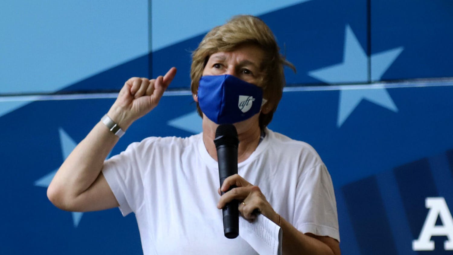 Randi Weingarten, the president of the American Federation of Teachers, speaks about education budgets at an early voting rally hosted by AFT on Thursday, Oct. 29, 2020, at the First United Methodist Church.&nbsp;