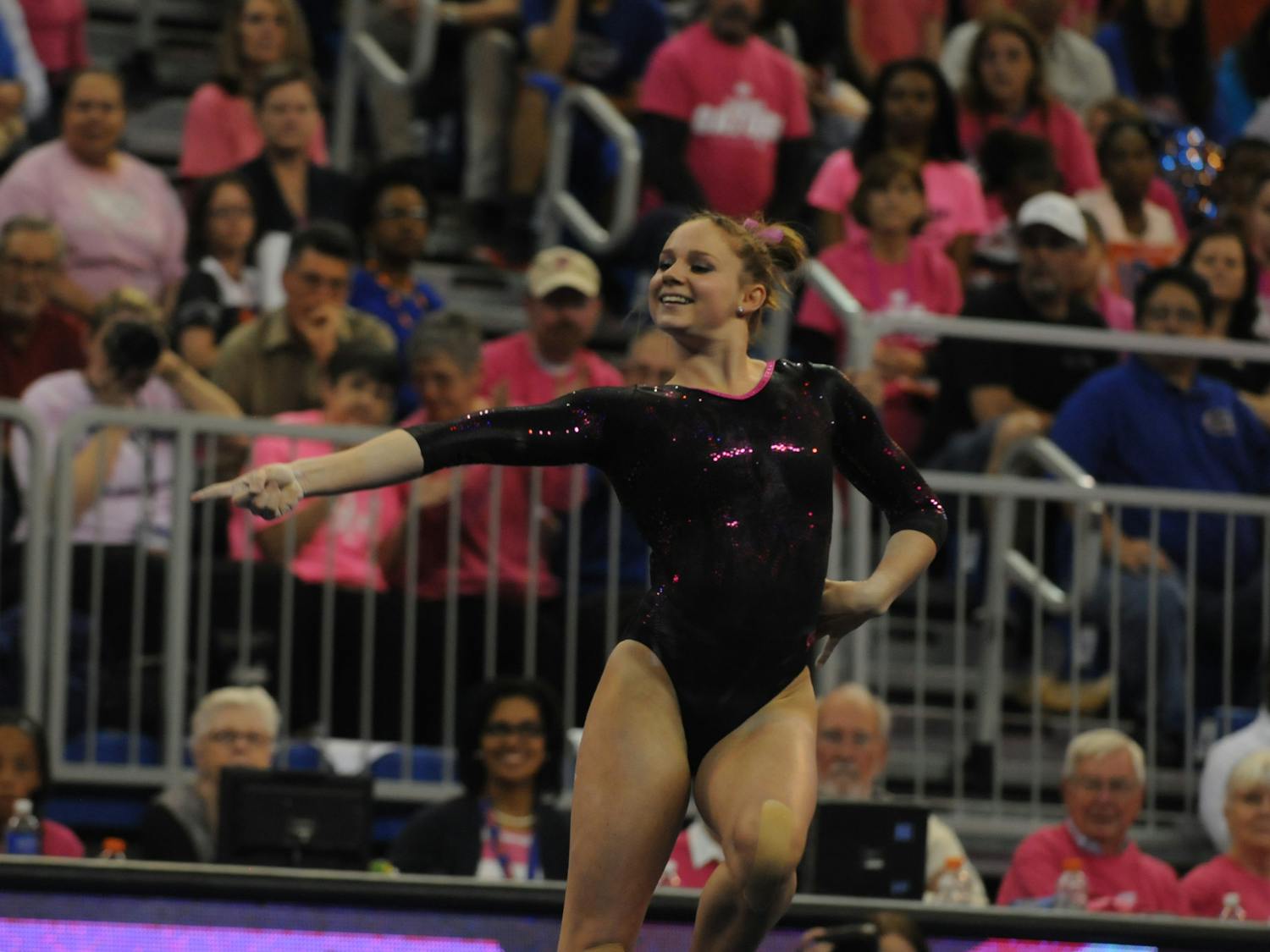Bridgette Caquatto performs her floor routine during Florida's win against Arkansas on Feb. 12, 2016, in the O'Connell Center.