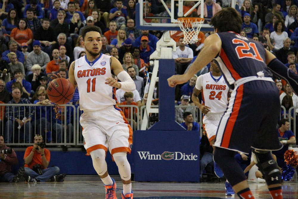 <p>UF’s Chris Chiozza drives down the court during Florida’s 95-63 win against Auburn on Jan. 23, 2016, in the O’Connell Center.</p>