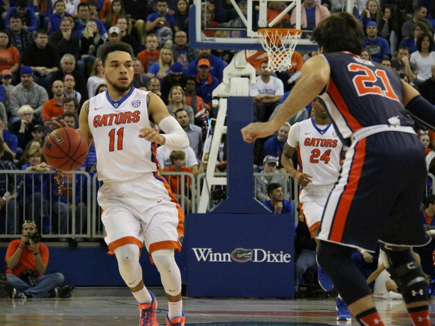 UF’s Chris Chiozza drives down the court during Florida’s 95-63 win against Auburn on Jan. 23, 2016, in the O’Connell Center.
