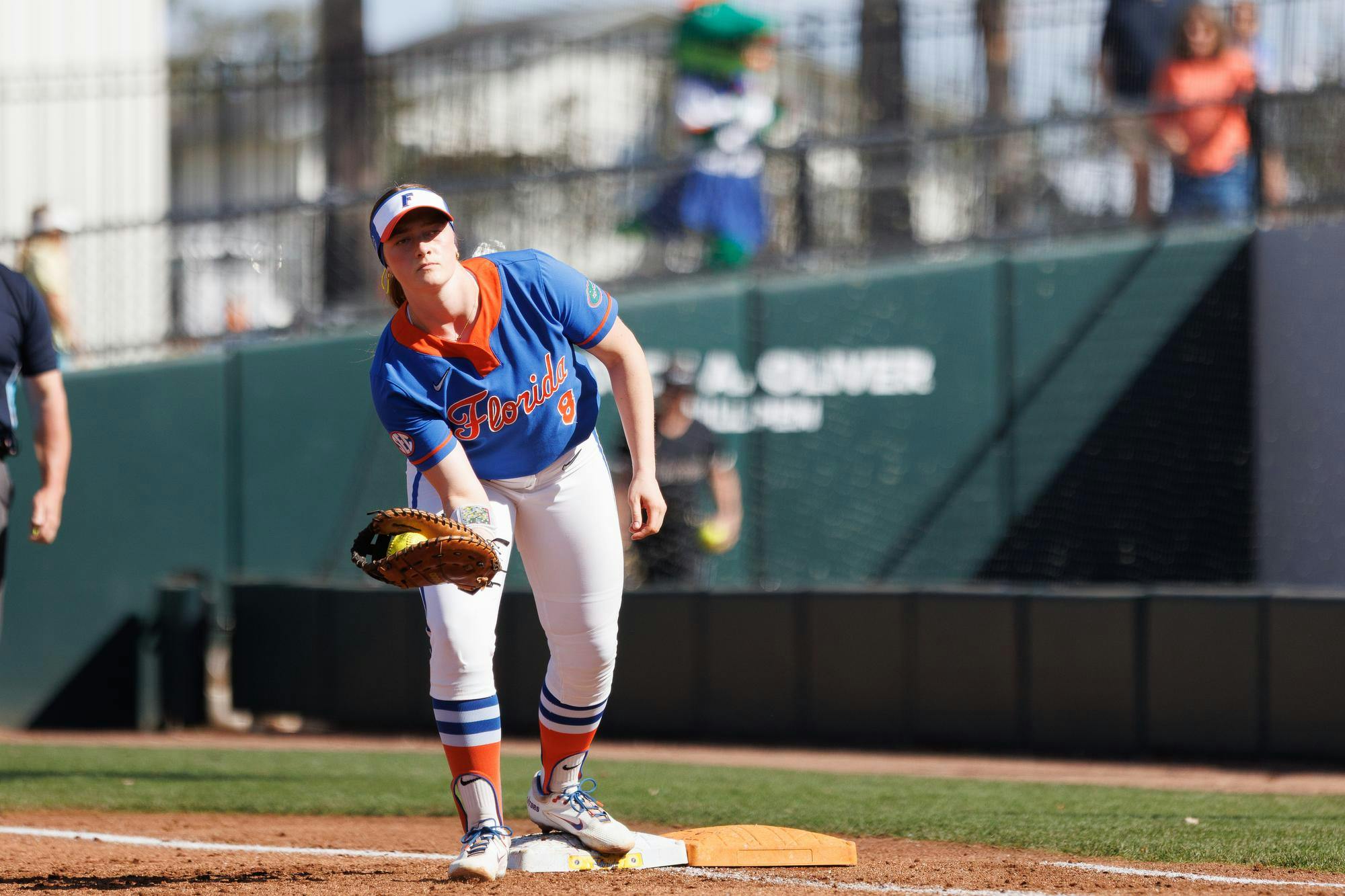 Florida catcher Jocelyn Erickson (8) catches the ball at first base during an NCAA softball game against Lindenwood, Saturday, Feb. 21, 2026, in Gainesville, Fla.