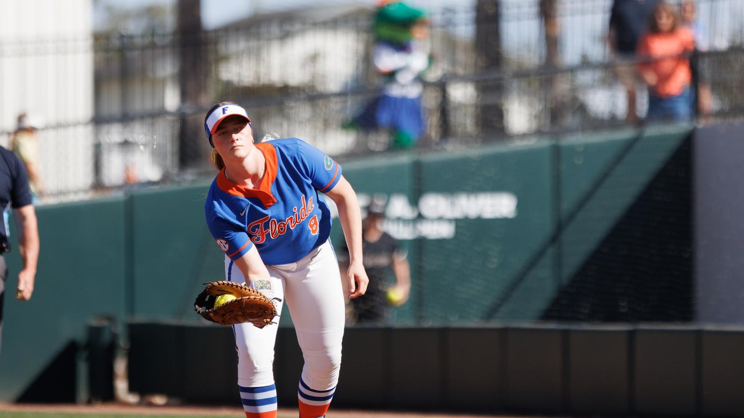 Florida catcher Jocelyn Erickson (8) catches the ball at first base during an NCAA softball game against Lindenwood, Saturday, Feb. 21, 2026, in Gainesville, Fla.