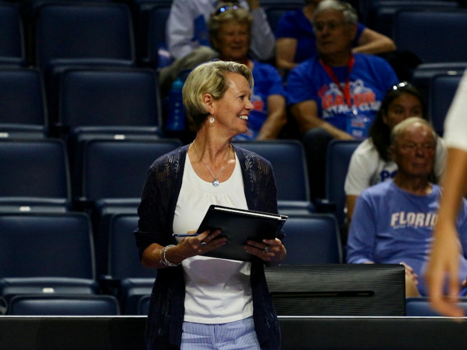 UF coach Mary Wise smiles during Florida's 3-0 win against Florida A&M on Sept. 15, 2017, in the O'Connell Center.