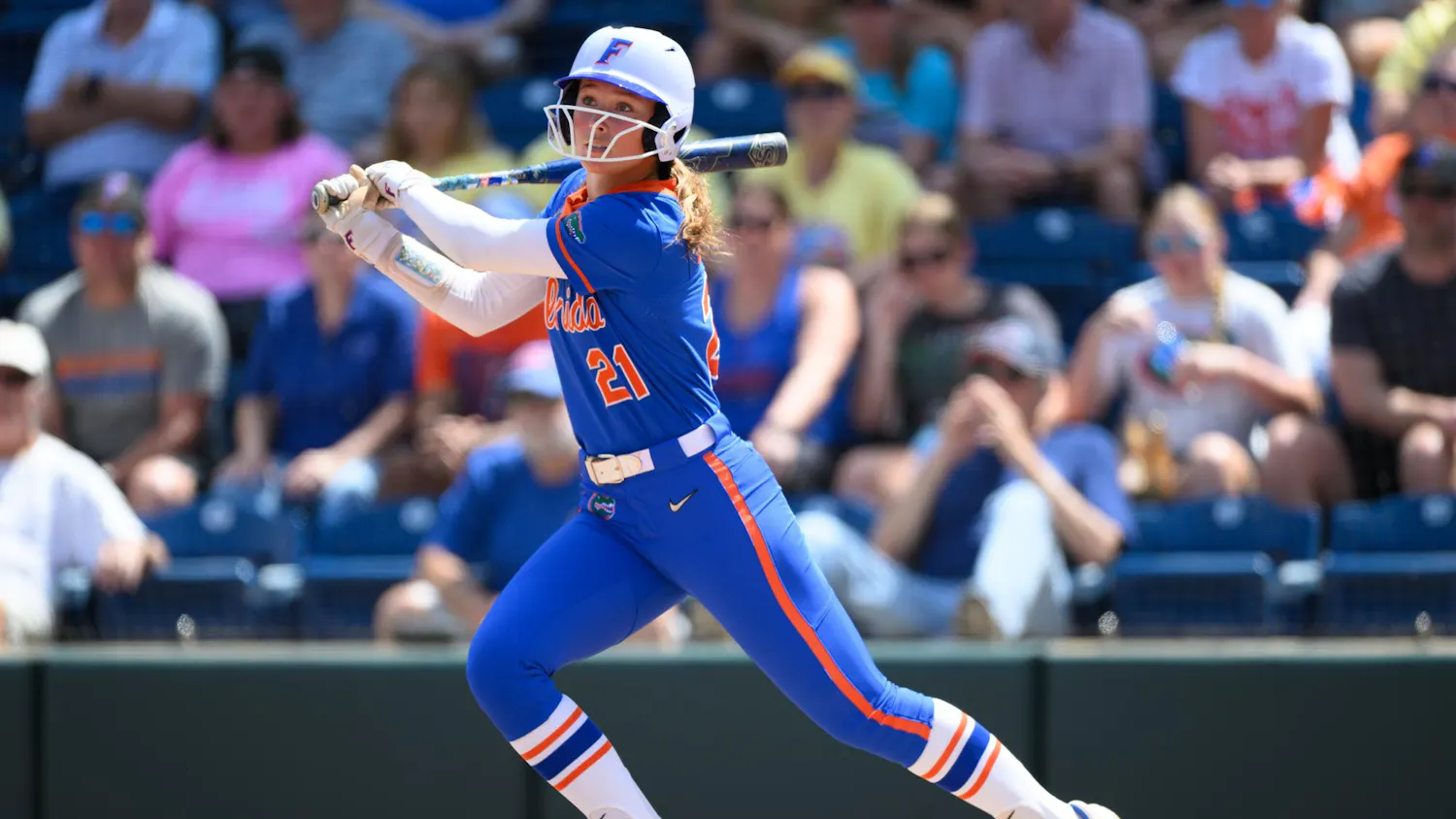 Florida outfielder Taylor Shumaker (21) hits during an NCAA softball game against Mississippi State, Saturday, April 4, 2026, in Gainesville, Fla.