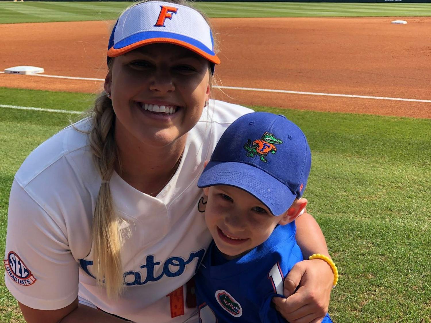 Carter Georges and UF first baseman/left fielder Amanda Lorenz pose before Florida's game against Tennessee on March 10. The Gators defeated the Volunteers 8-0.&nbsp;